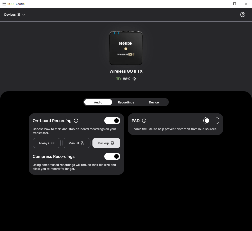 RØDE Central showing compressed and uncompressed recording settings